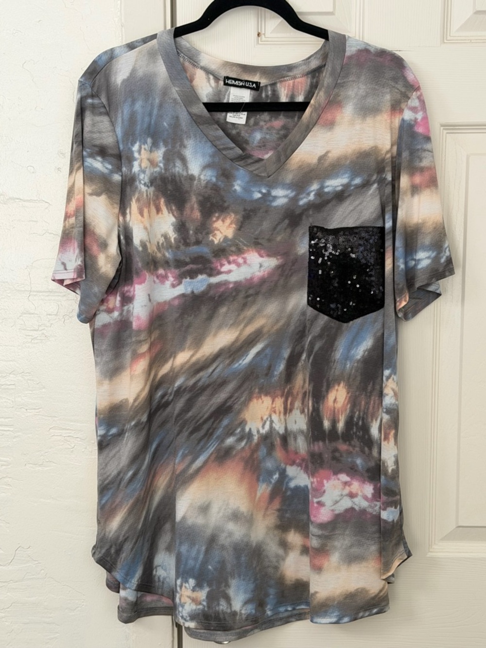 HEIMISH USA Gray Tie-Dye V-Neck Top with Black Sequin Pocket